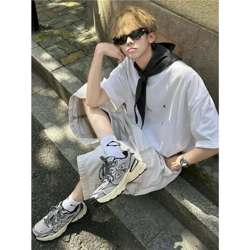 Men's Workwear Shorts Large Pockets Cargo Pants Streetwear Summer Korean Fashion Paratrooper Pants Wide Leg Seven Trousers Men