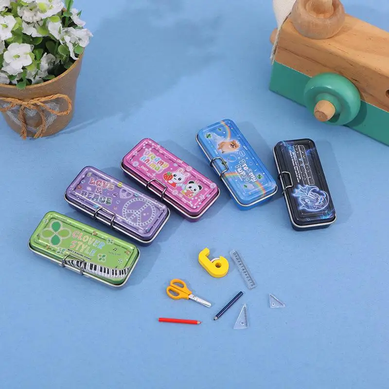 

The New Doll House Simulation Mini Double-layer Iron Box Pencil Case Ruler Color Pen Set Miniature Scene Decoration