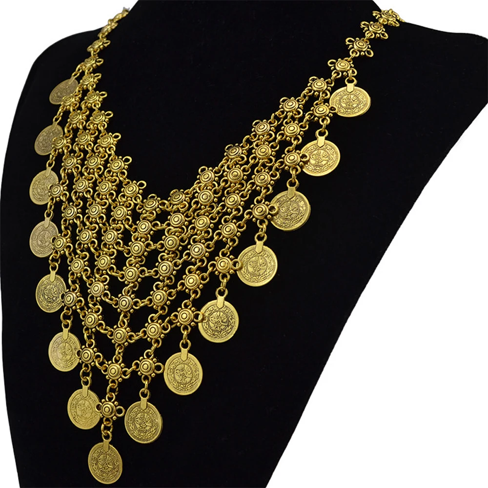 Traditionelle indische afghanische pakistanische ethnische Münzen Quaste Halsband Halskette Vintage goldene Legierung Münzen Kragen Damen Halsschmuck – Detail 27