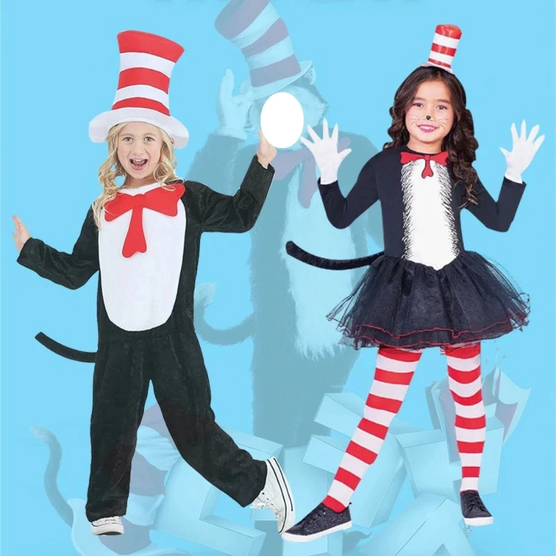 

✦2026✦Movie Cat in Hat Cosplay Costume Red White Striped Full Set with Hat for Boys Girls Halloween Party Christmas Performance✦