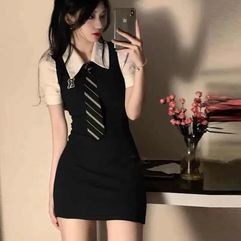 HOUZHOU Preppy Vintage Bodycon School Dress Women Gyaru Corset Korean Fashion Black Mini Dresses Aesthetic Harajuku Streetwear