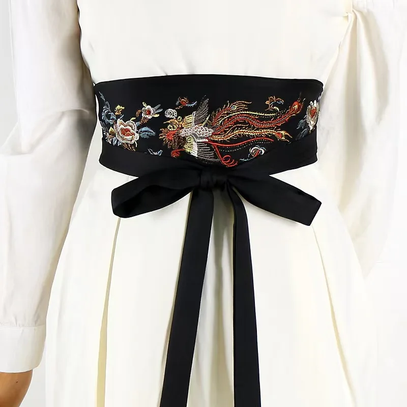 Vintage Embroidered Hanfu Wide Belt Corset Sash for Skirts Adjustable Waist Tie Traditional Waistband