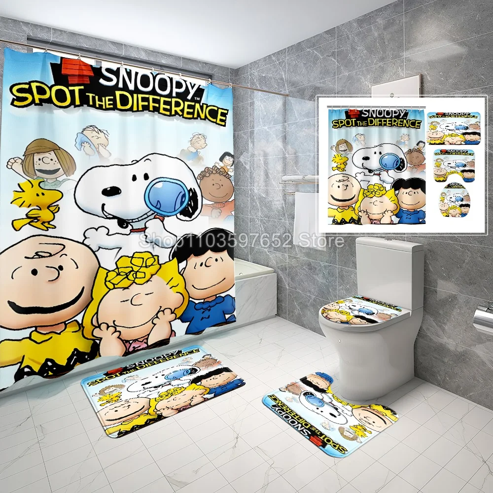 Cute Snoopy Bath Curtain 4PC Set Bathroom Shower Curtain Waterproof Curtains in the Bathroom Soft Bath Mat Toilet Carpet Rugs