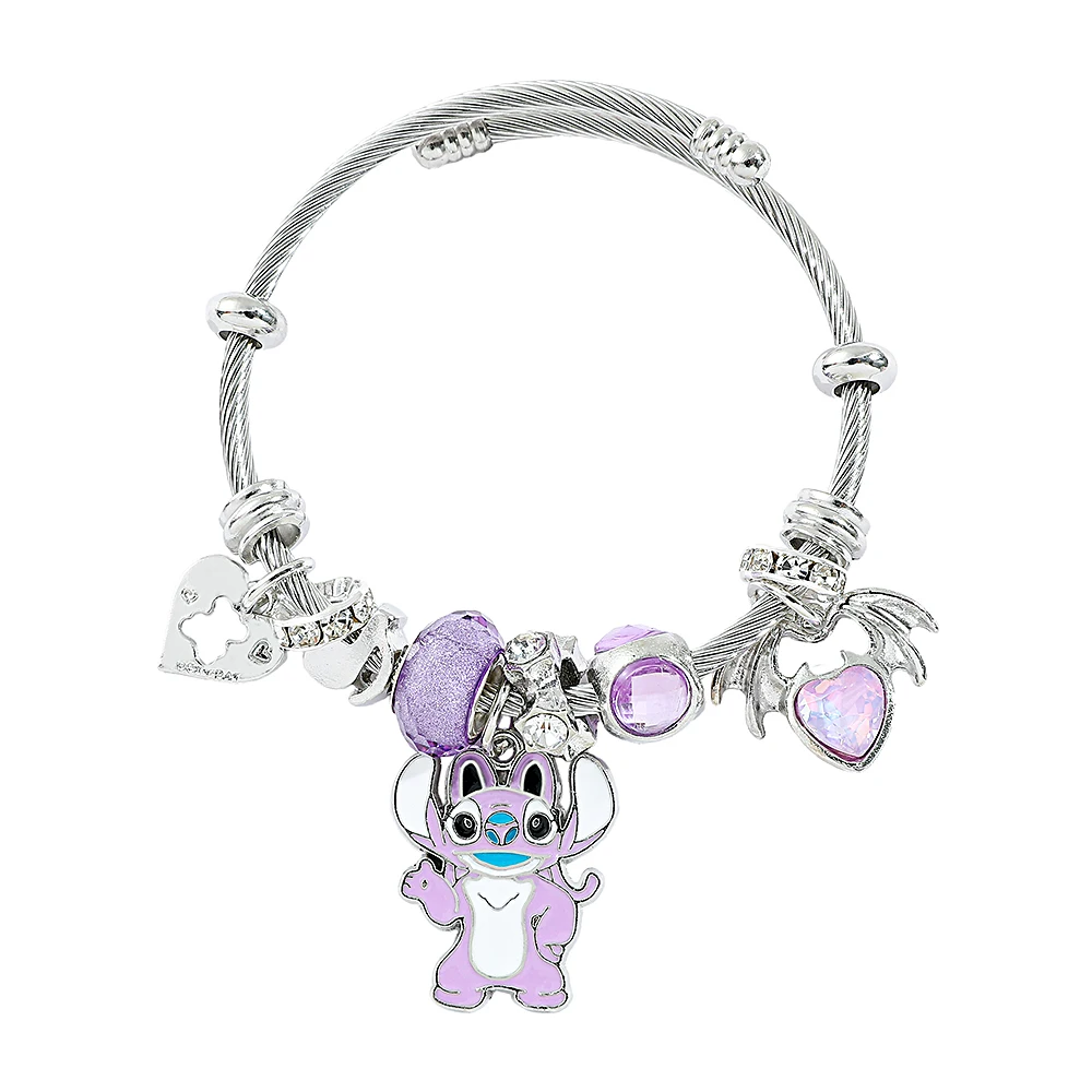 Disney-Lilo & Stitch Pendant Charm Bracelet, Purple Beaded Bracelet, Jewelry Accessory, Gifts for Fans, Fashionable and Cute