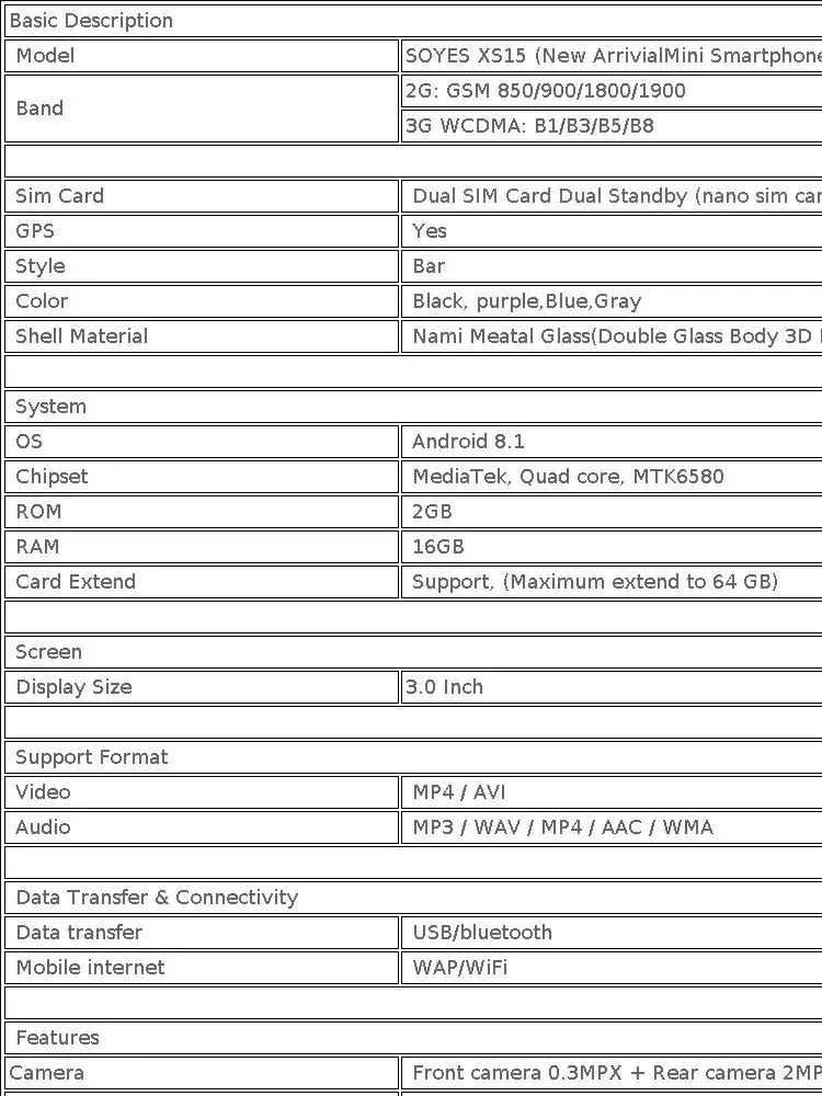 SOYES XS15 Mini Smartphone 3.0" Android8.1 Quad-core 2GB RAM 16GB ROM Dual SIM Standby 3G Network Small Phone