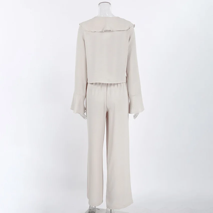 Women 2 Piece Loungewear Set Ruffle V Neck Tie Front Flare Sleeve Crop Top High Waist Wide Leg Loose Pants Casual Outfit 260702