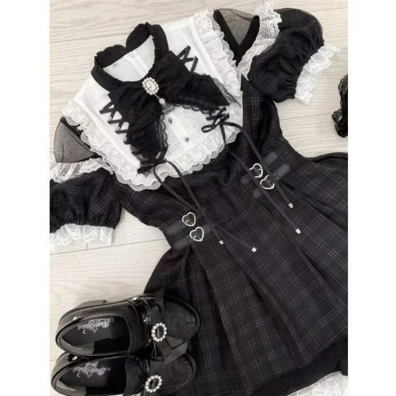 

Japanese Lolita Dress Black White Lace Trim Bow Detail Puff Sleeve Gothic Y2K Harajuku Subculture Outfit Sweet Women Clothing