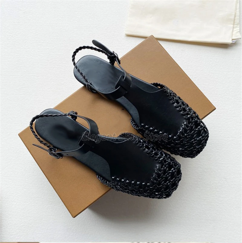 Letnie nowe tkane sandały dla kobiet Retro Mesh Hollow Ankle Strap Casual Flats Roman Square Toe Leather Female Mary Jane Shoes