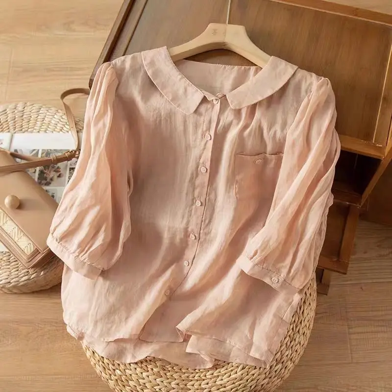 

Top Loose New Summer Style 7-quarter Sleeve Cotton Linen Shirt for Women Doll Collar Retro