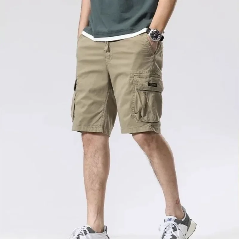 Elastic Waist Long Wide Solid Baggy Multi Pocket Loose Half with Draw String Male Short Pants Bermuda Men's Cargo Shorts Popular