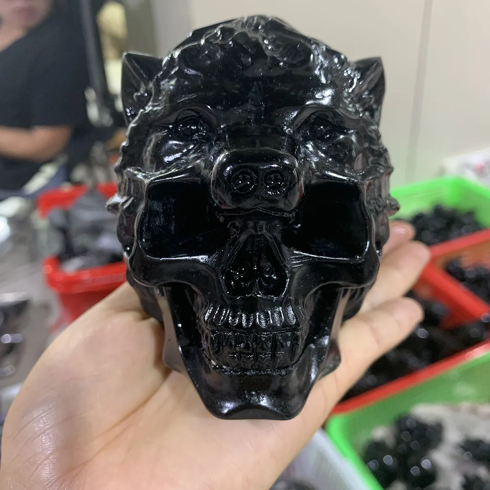 Custom Black Obsidian 10cm Wolf Skull Figurine - Hand-Carved Crystal Statue for Home Decor, Reiki Healing Stone & Unique Gift