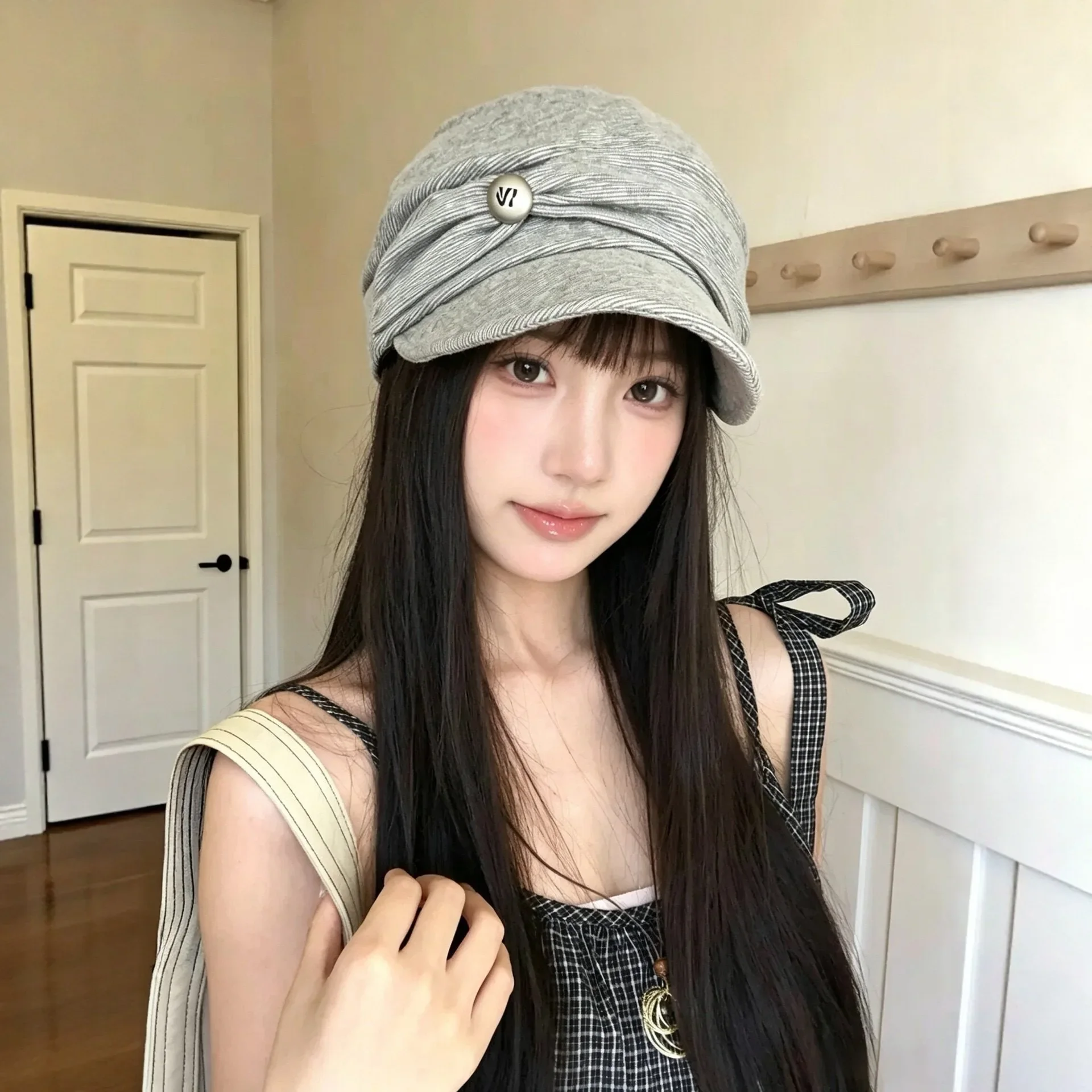 Autumn Vintage Slouchy Beret Korean Pleated Button Cap Women Casual All Match Headwear