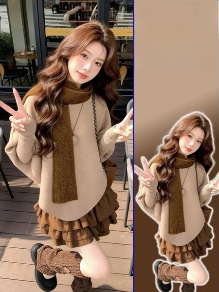 

plus Size Spring New Sle Girl Feeling Loose Sweater f Skirt Two Piece Set Meat Covering Floral Women's Faion Set