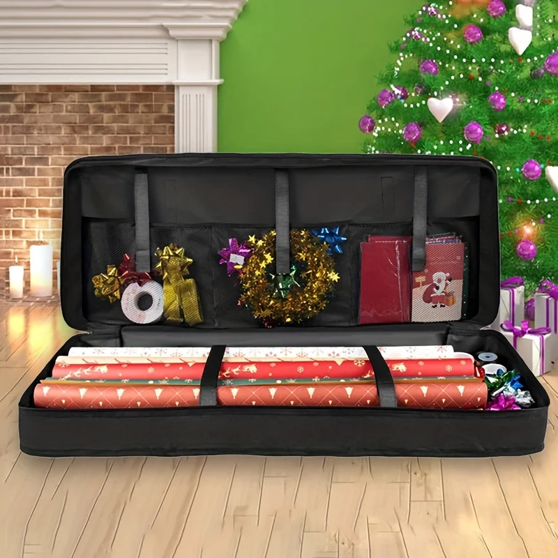 

1pc Christmas Gift Wrapping Organizer Bag Holds 24 Rolls with Accessory Pockets & Bottom Storage for Holiday Decorations