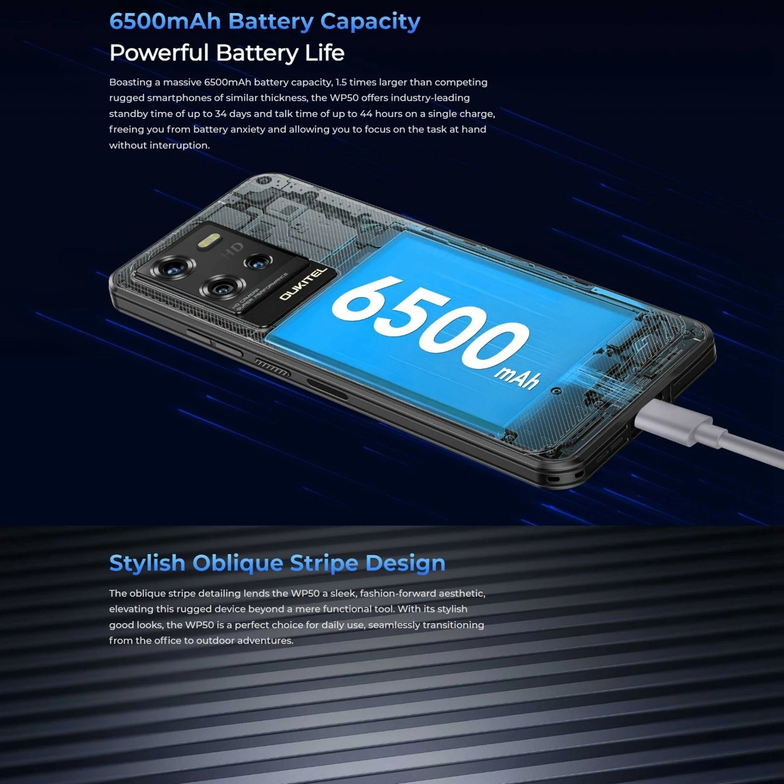 Oukitel WP50 5G 견고한 휴대폰, 6.6 인치 안드로이드 14.0, MediaTek Dimensity 6100, 옥타코어 48MP NFC 5G 스마트폰, 4GB + 256GB