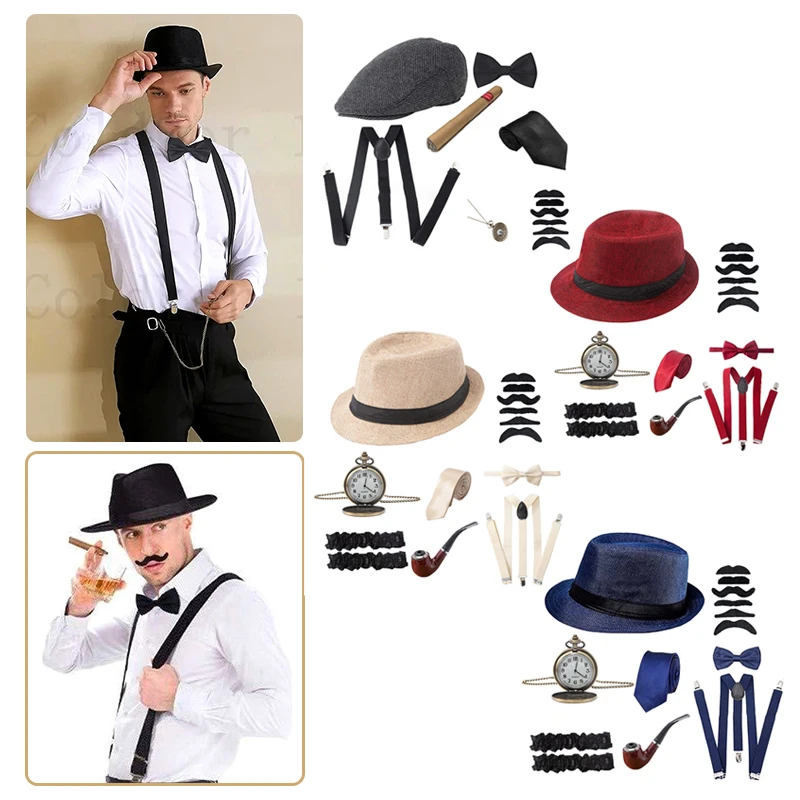 Conjunto de accesorios de gángster de Gatsby para hombre, Sombrero de Panamá, pajarita con tirantes, accesorios de Cosplay del gran Gatsby de los años 20, Halloween, 1920