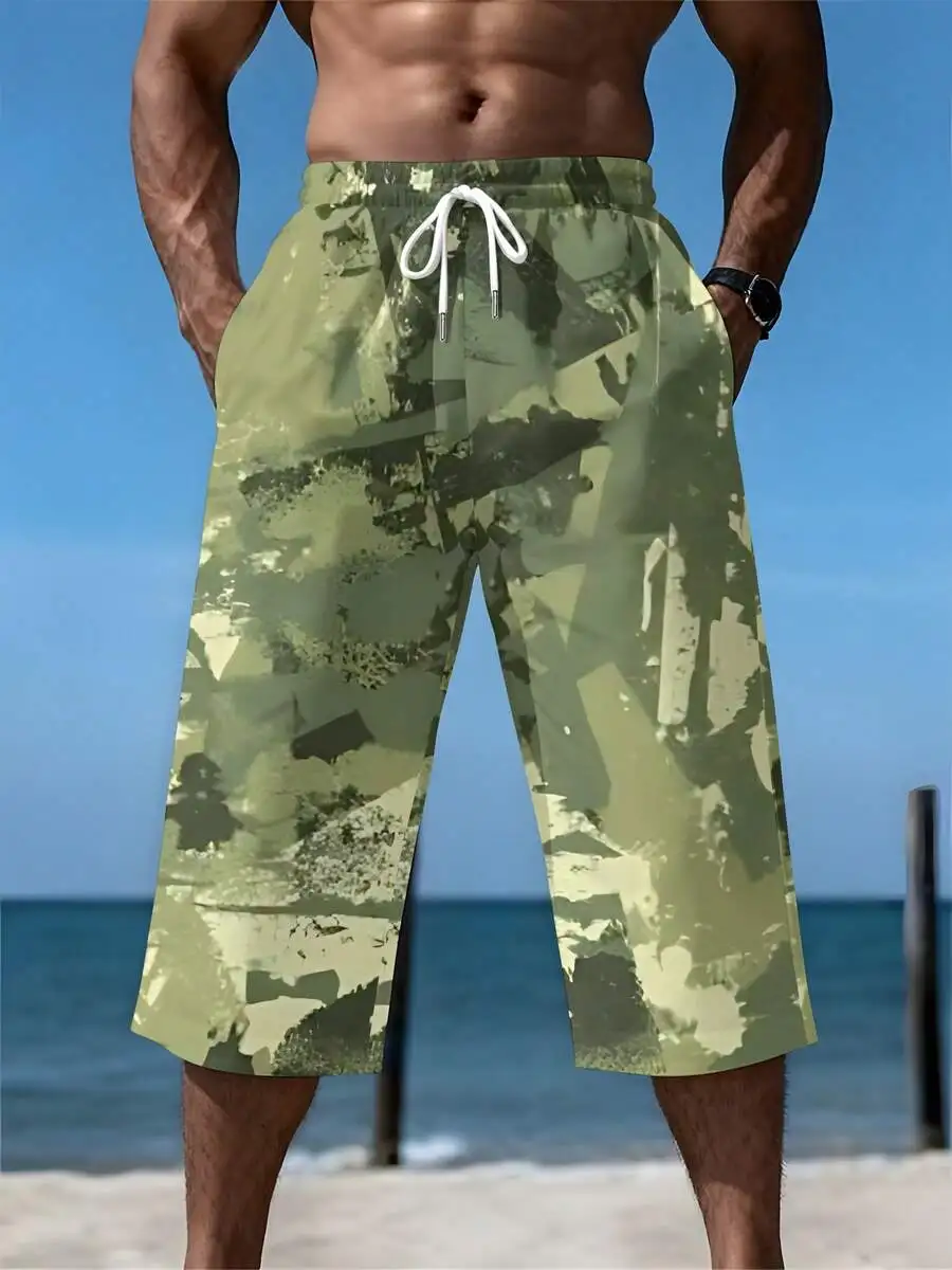 

Mens Calf-Length Camouflage Print Shorts, Drawstring Waist, Woven Fabric, Casual Outdoor Beachwear