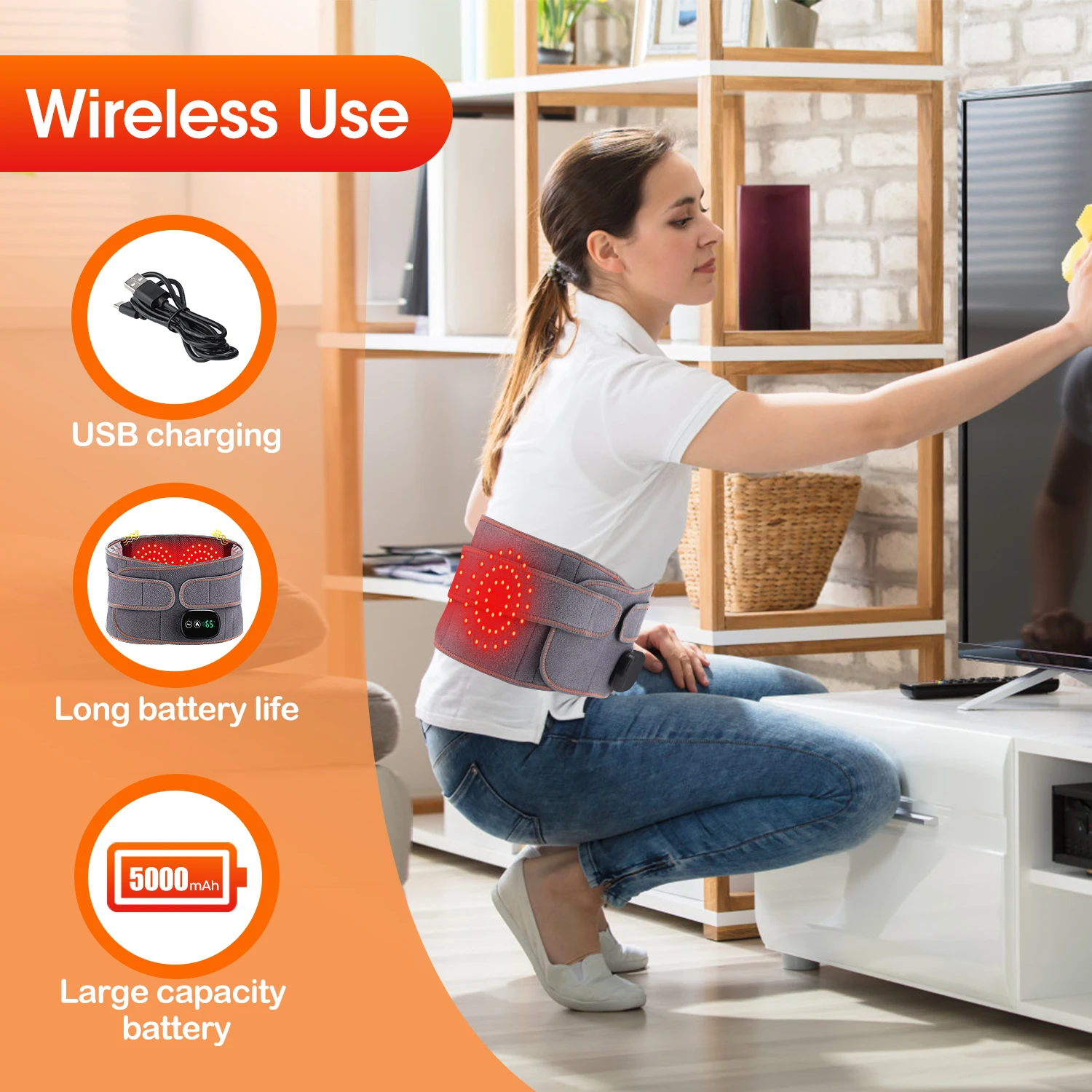 Cinto de suporte para costas com luz vermelha, cinta de aquecimento para cintura com 3 níveis de massagem aquecida, aquecedor de abdômen, almofada de suporte lombar sem fio