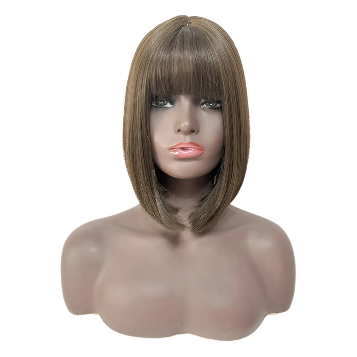 WIND FLYING Short Straight Synthetic Bob Wigs with Bangs Cool Brown Wig for Women Heat Resistant Synthetic Natural Looking