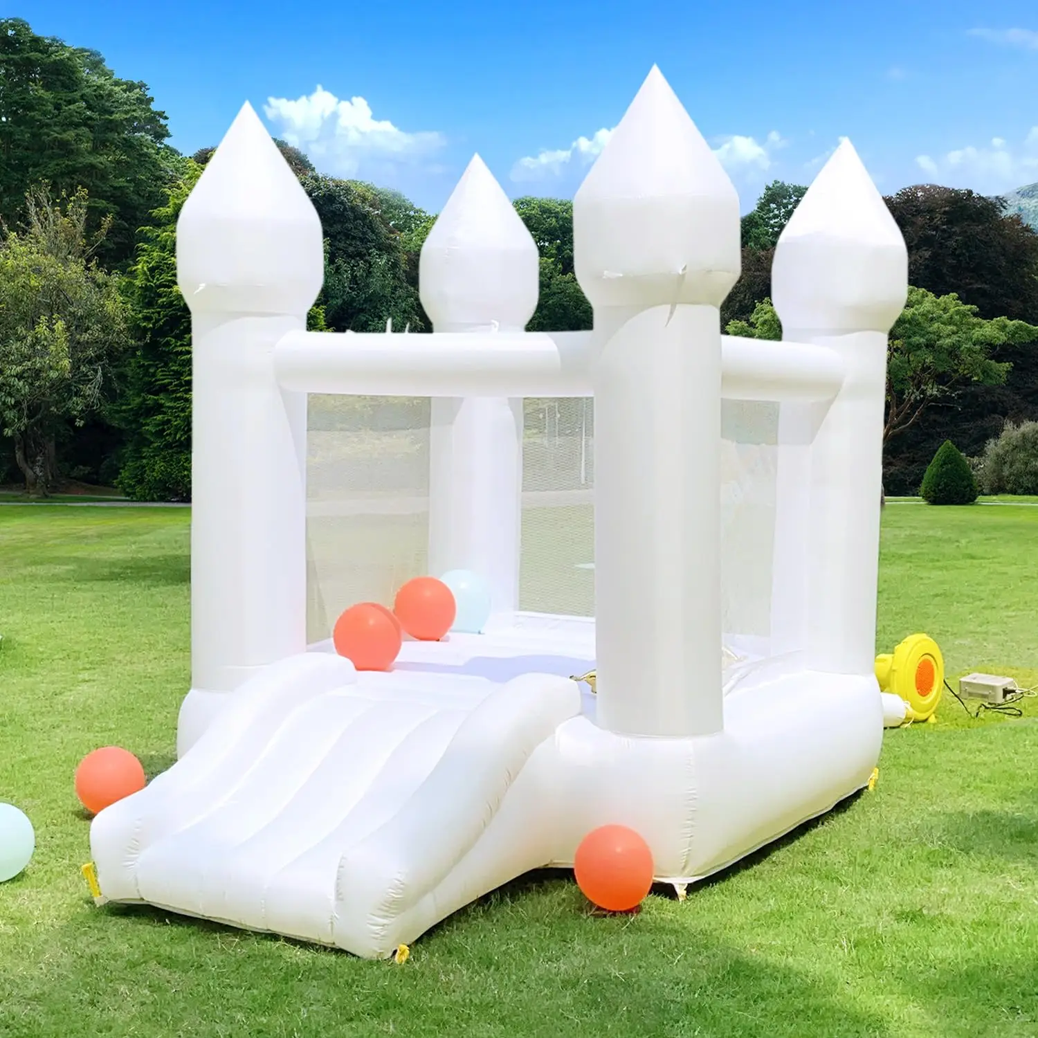 Muslimmini White Bounce House Oxford Bounce House con scivolo gonfiabile bianco casa gonfiabile, con ventilatore per la festa di compleanno