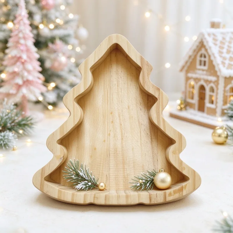 Party Photo Booth Prop Wooden Christmas Tree Shaped Tray Ornament Solid Wood Fruit Plate Home Holiday Party Table Decor