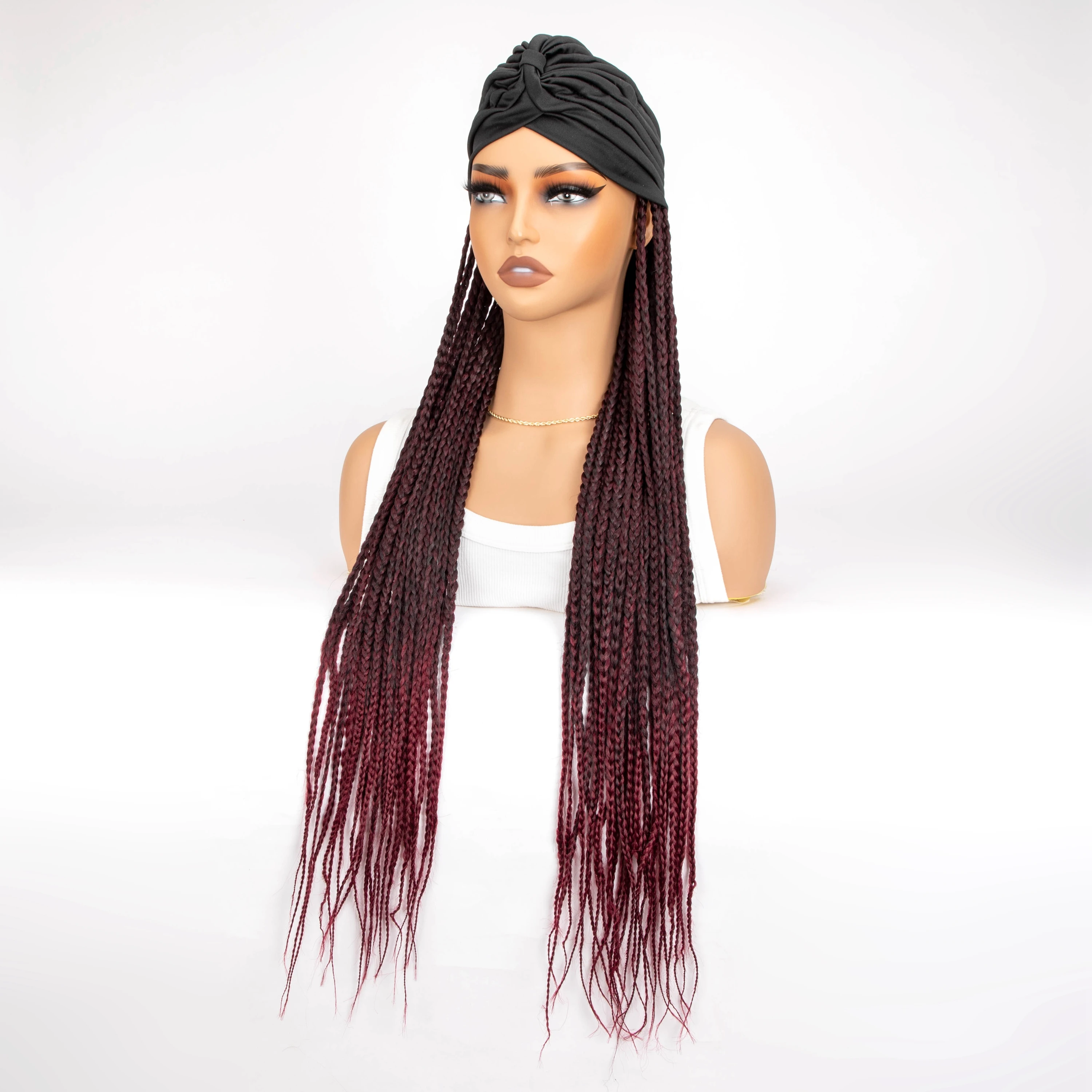 Long 24Inch Ombre Black Burgundy Braided Synthetic Wig With Black Headband Turban With Braiding Hair Extensions For Black Women