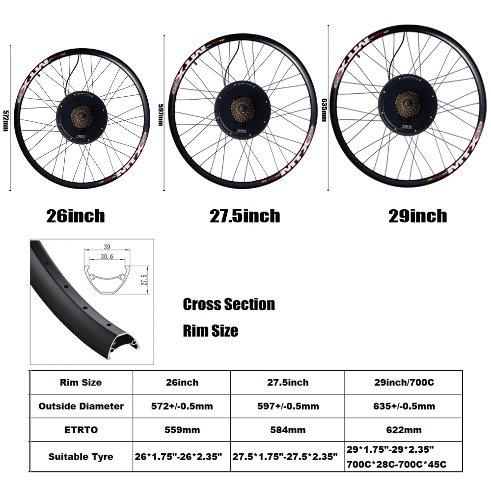 Csc 48 فولت 1000 واط 1500 واط Mtx العجلات الخلفية 26 ''27.5'' 29'' مكبح قرصي دراجة كهربائية تحويل عدة محرك مباشر Ebike محور مجموعة المحرك