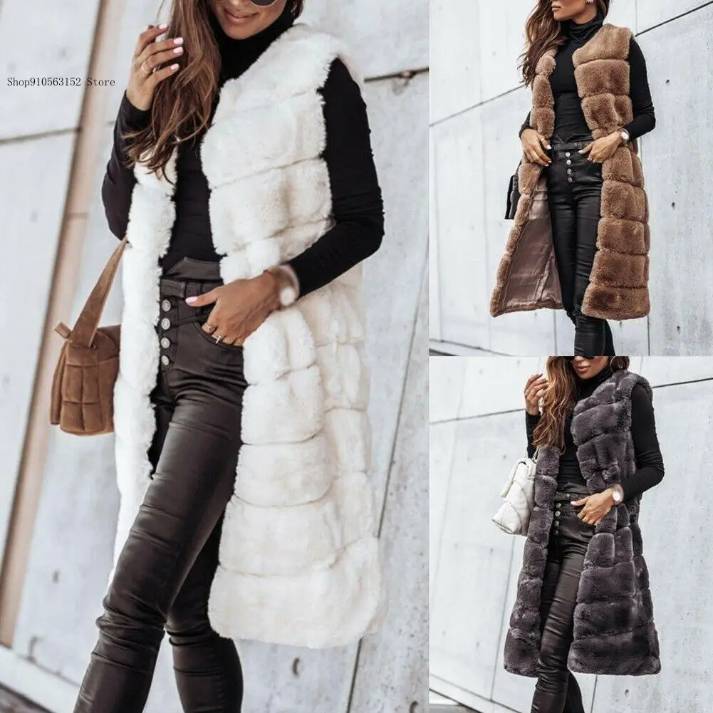 European and American Autumn and Winter Casual Commute Round Neck Faux Fur Long Sleeveless Women's Vest