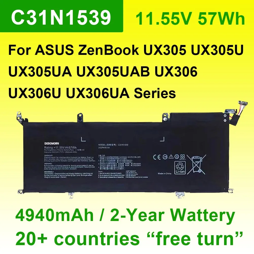 

Battery For ASUS ZenBook UX305 UX305U UX305UA UX305UAB UX306 UX306U UX306UA Series Laptop C31N1539 3ICP4/91/91 11.55V 57Wh