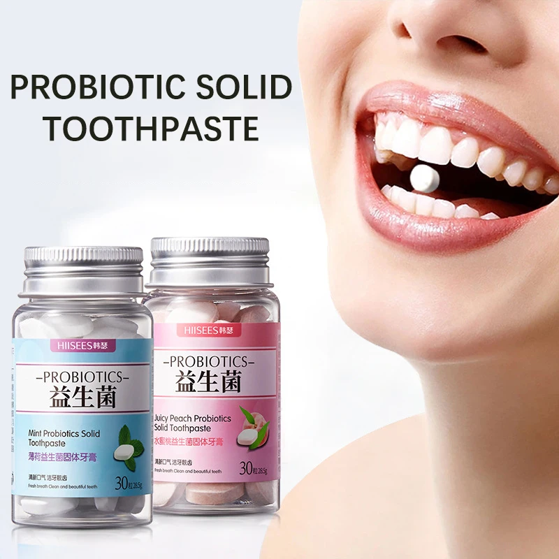 Probiotic Solid Toothpaste, Portable Fresh Breath Peach Gargle Granules, Effectively Removes Odor Clean Teeth Chewable Toothpas