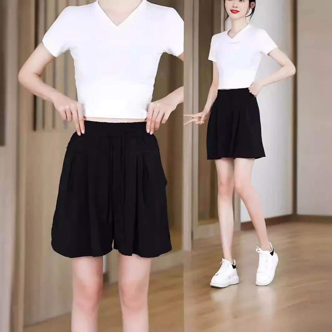 

Women Summer Shorts Solid High Waist Wide-legged Drawstring A-Line Ruffles Pocket Shorts Black Pleated Skirt Streetwear Shorts