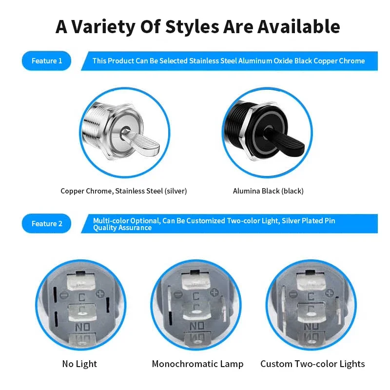 16MM Metal Self-locking Toggle Switch 5A 2 Positions Anti-static Handle Rocker Arm Toggle ON-OFF Slide Power Button with Light