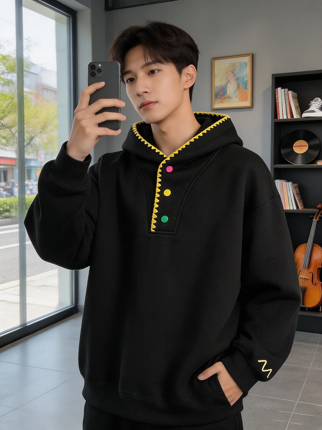 Hand-Stitched Embroidered Color-Block Hoodie Sweatshirt for Couples Autumn Heavyweight Button-Up Hard-Wearing Youth Fashion