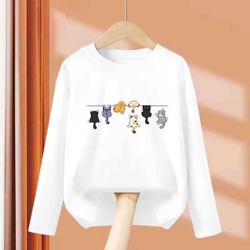 Langarm-T-Shirt mit Kletterkatzen-Motiv, trendiger Aufdruck, kurzärmelig, für Kinder, Jungen und Mädchen, Sommer, Frühling, lässiges Oberteil