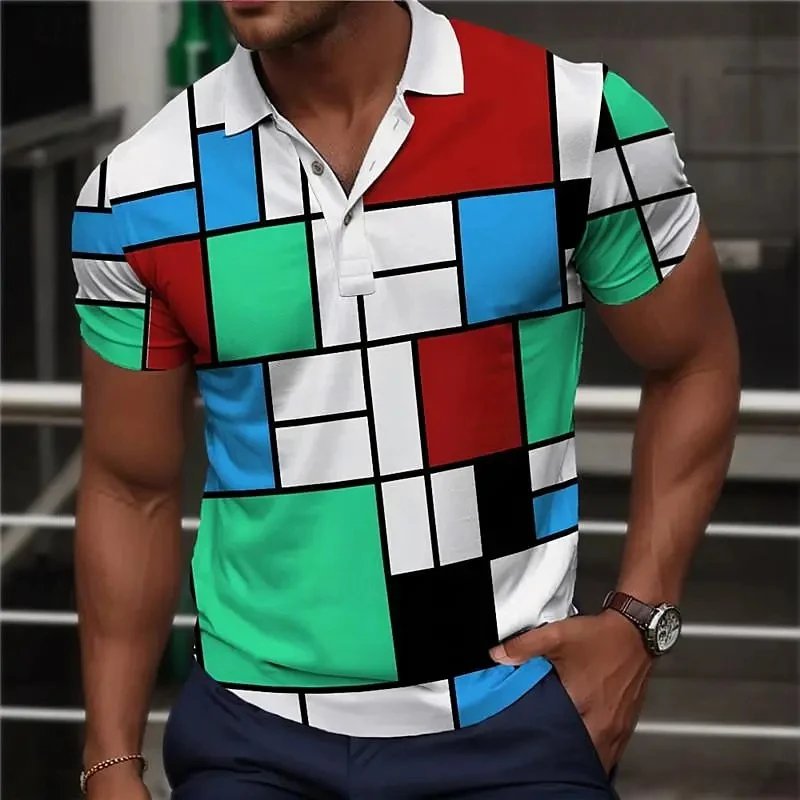 Color Block Patchwork Printed Polo Shirt For Men Summer Casual Short Sleeve Men\'s Polo T-Shirt Top Oversized Golf Sweatshirt