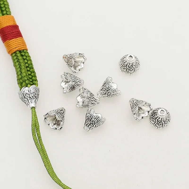 100pcs/Lot Simple Tree Texture Metal Tassel Caps 7x6mm Handcrafts Tibetan Silver Top Covers End Bead Caps DIY Jewelry Findings