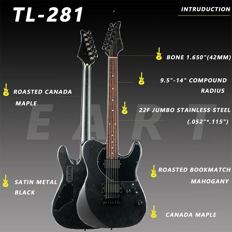 EART Electric Metal Rock Guitar TL-281 India Rosewood Fingerboard 22F Active Humbucker Set Pickups Bass Guitar