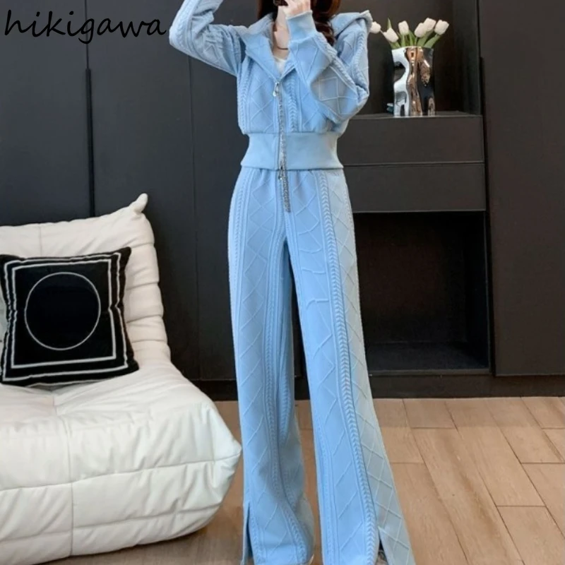 Korean Tracksuit Fashion 2 Piece Sets Womens Outfits Hooded Zipper Crop Sweatshirts High Waist Straight Wide Leg Pants Y2k Suit