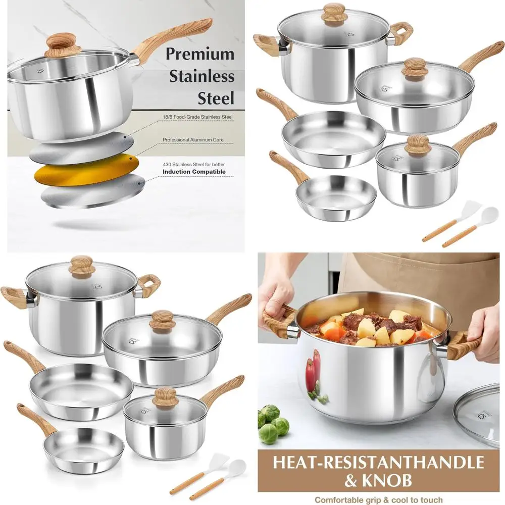 

10-Piece 18/10 Stainless Steel Cookware Set with Cool-Touch Handles and Induction-Ready Tri-Ply Base