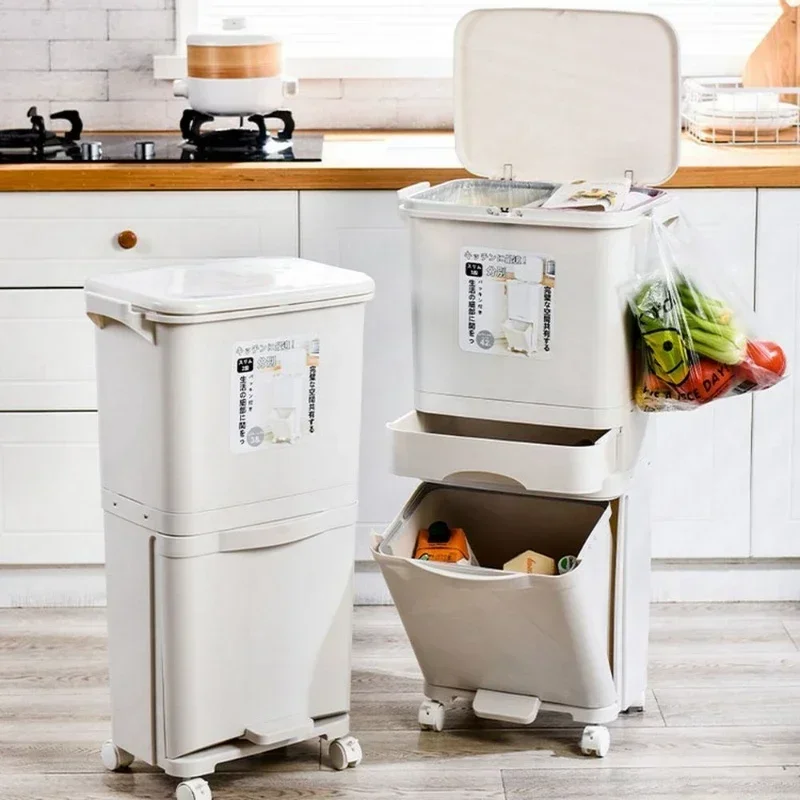 Garbage Sorting 38L/42L 3-layer Plastic Trash Can Family Kitchen Garbage Sorting Trash Can with Wheels