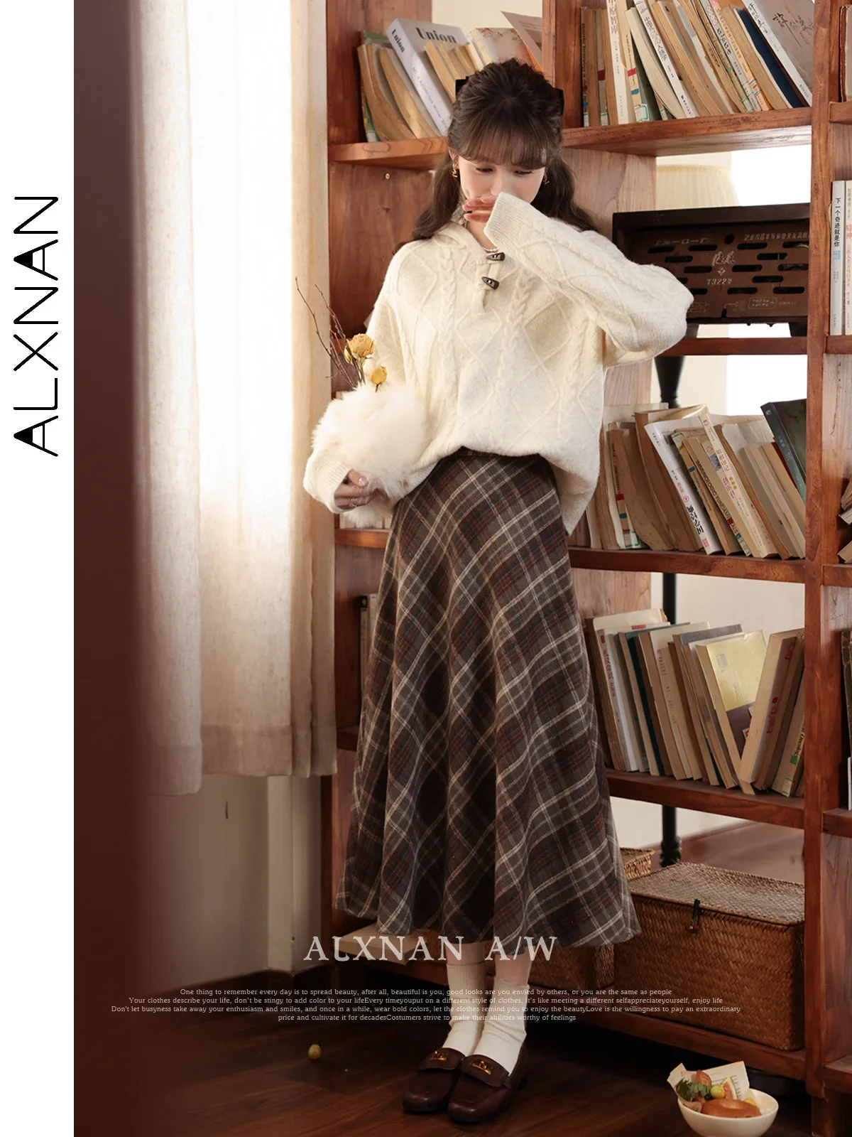 ALXNAN-Jupe plissée à carreaux vintage pour femme, ligne A, mi-longue, épaisse, garde au chaud, chic, nouvelle tendance, automne, hiver, LXN32097, 2024