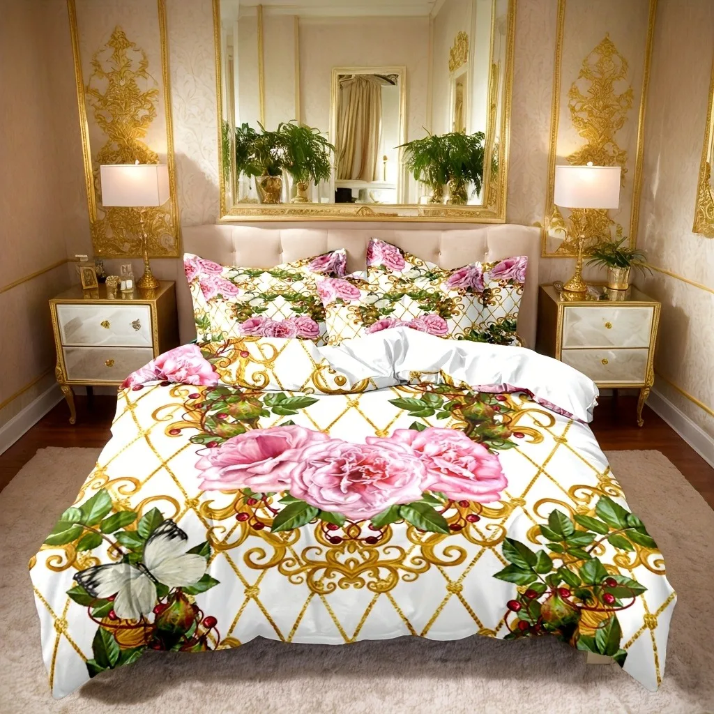 Bow Digital Print Duvet Cover Set AB Version Double-Sided Quilt Cover with Pillowcases