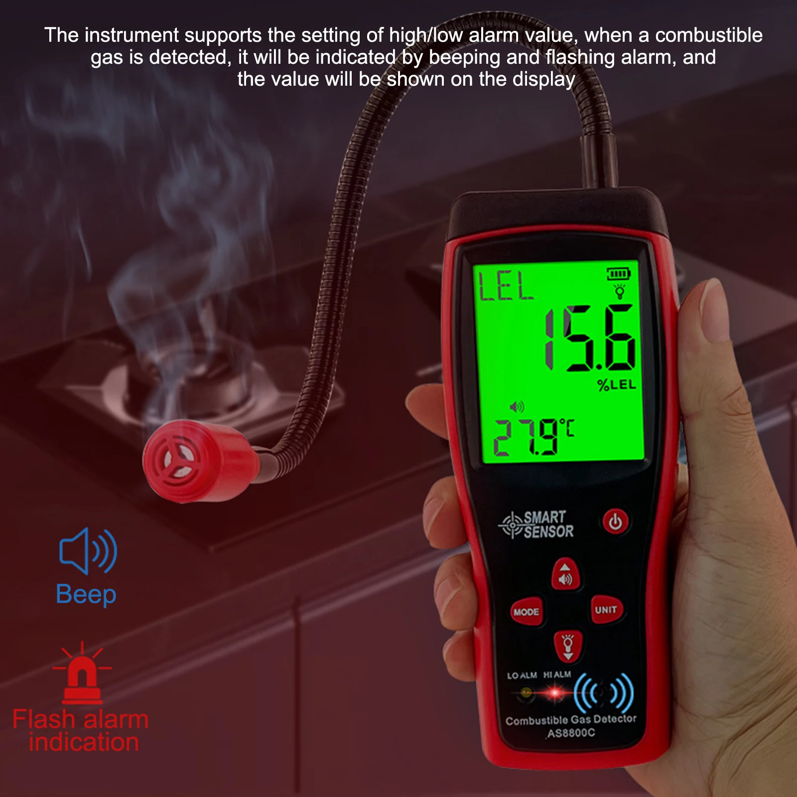 Combustible Gas Leak Detector Flammable Natural Gas Detector Methane Alcohol Lpg Analyzer with Temperature Test Visual Alarms