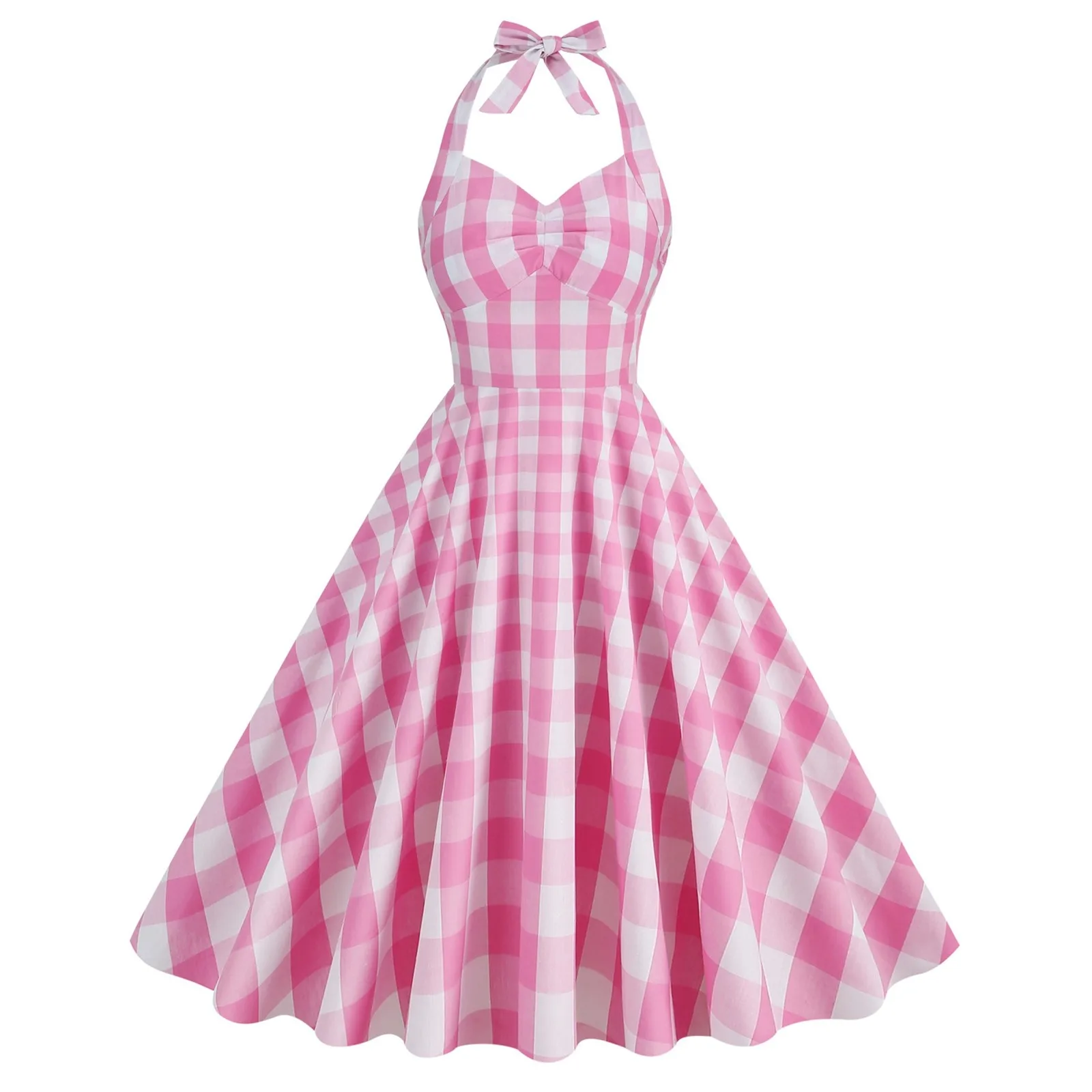 

Elegant Summer Retro Vintage Hepburn Dress England Style Halter Neck Plaid Print Sexy Swing Costume Pinup Flare A-Line Tea Dress