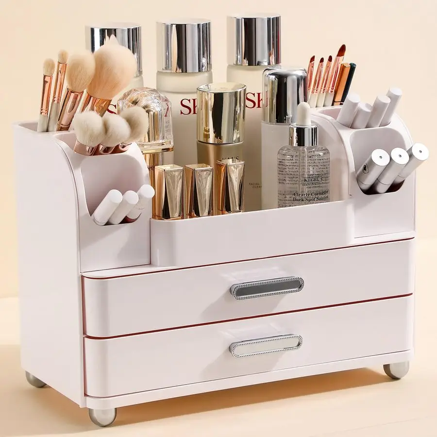 

Makeup Organizer Countertop with Large Drawers, Vanity Organizer with Brush Holder, Skin Care Storage for Dresser, Perfume Organ