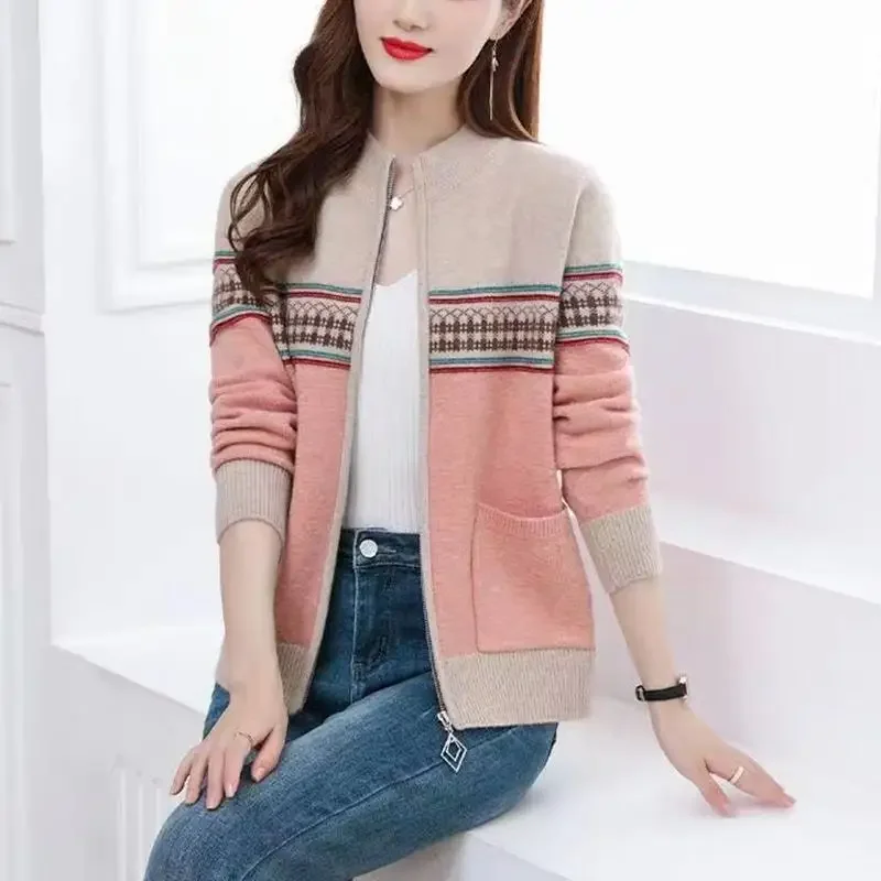 Jacket for Women Color Matching Spring Autumn Knit Coats Woman Harajuku New in Outerwears Korean Reviews Clothes Fashion 2025 Xl