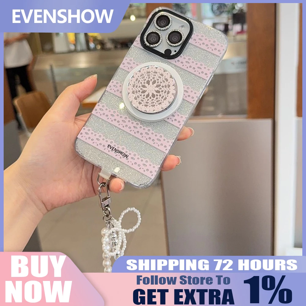 

Чехол для телефона EVENSHOW с магнитным кружевным дизайном для IPhone 16/15 Pro Max 16/15 Pro, встроенный ремешок-подставка, защита от падения, экологически чистый, стильный
