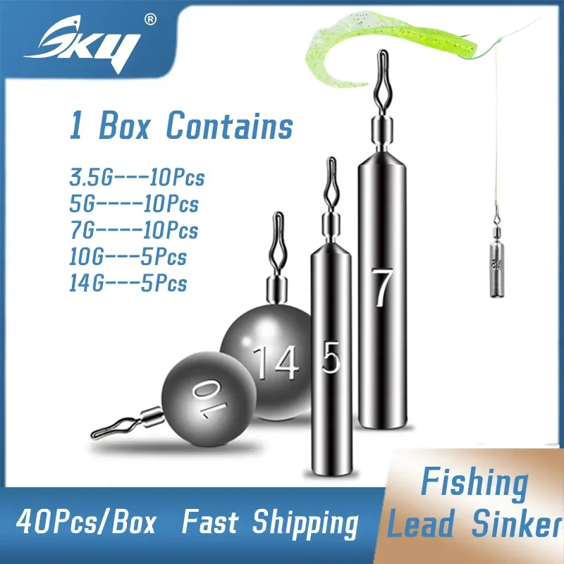 

SKY 40pcs/Box Drop Shot Fishing Lead Sinker Set 3.5/5/7/10/14G for Different Silicone Soft Bait Fishing Accessories Tackle