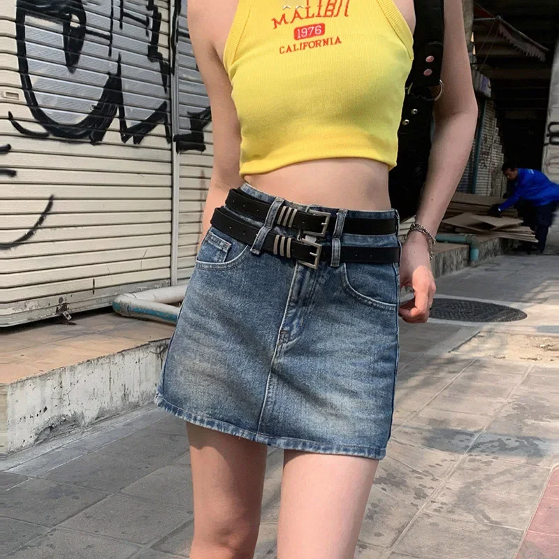 

Women Skirt High Waisted Retro Spicy Girl Short A-line Skirt Versatile Anti Glare Buttocks Wrapped Denim Half Skirt No Belt