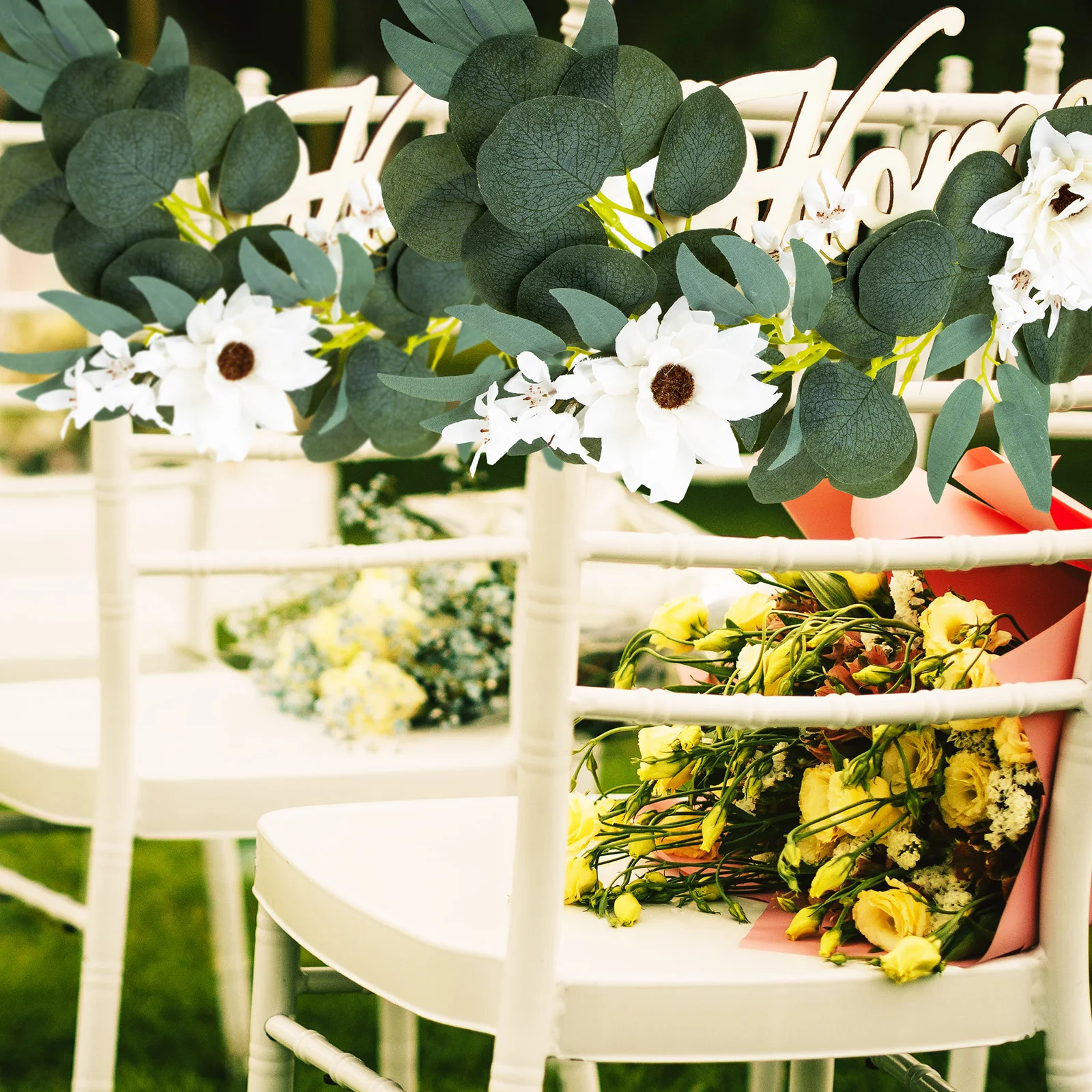

Wedding Chair Back Flowers Decoration Fake Decorative Signs Church Artificial Banquet Table DecorationsFlower Chair Signs